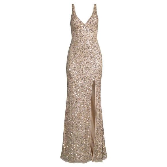 Mac Duggal V-Neck Sequin Sheath Gown in Nude NWT Size 8 brand new never worn - Picture 1 of 12